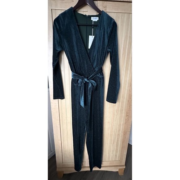 Lovers + Friends X Revolve NEW Hart Velvet V-Neck Jumpsuit Emerald Green Size S - Picture 3 of 10